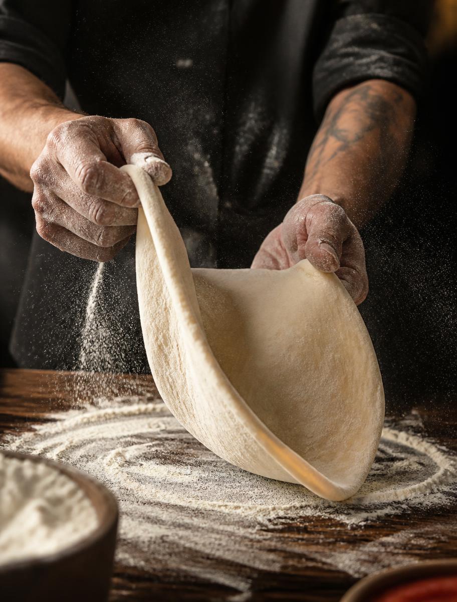 Pizzaiolo étalant à la main la pâte maturée de la pizzeria Vite et Bien